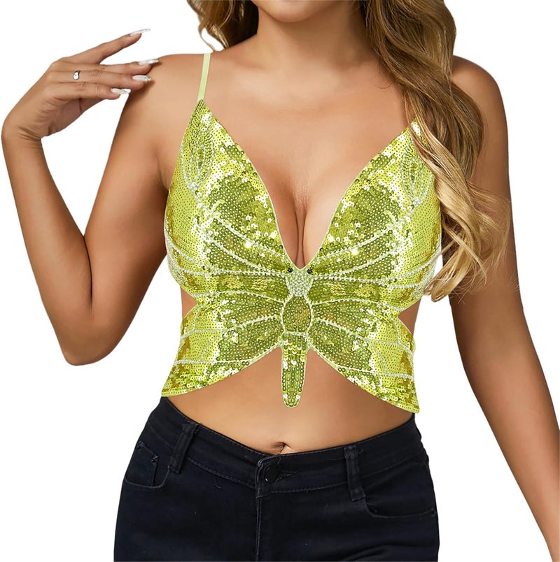Mocure Womens Glitter Sequin Butterfly Crop Top Low-Cut Tank Top Rave Tube Vest Top for Belly Dance Costume Outfits - Image 2